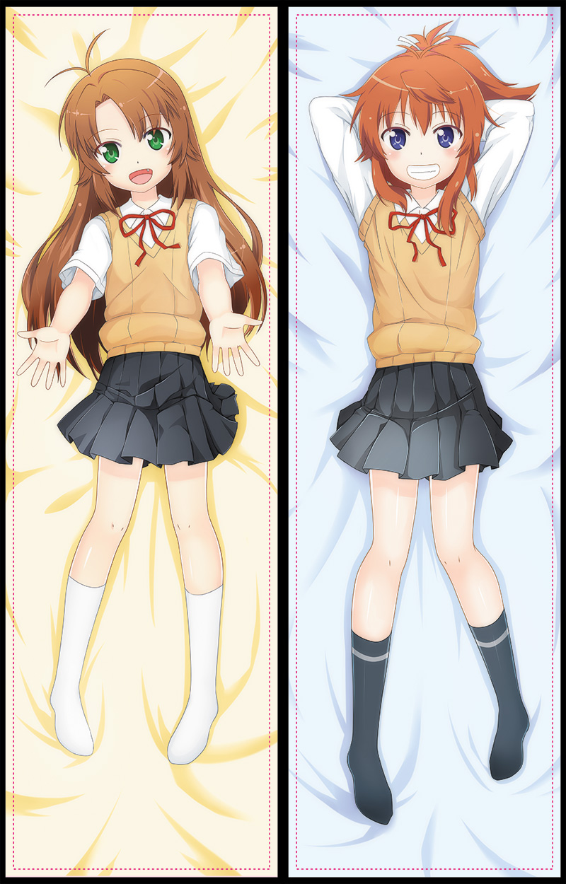 2girls :d aikousha_(ico-sha) antenna_hair arms_behind_head arms_up black_legwear black_skirt blue_eyes brown_hair collared_shirt dakimakura eyebrows eyebrows_visible_through_hair fang full_body green_eyes grin hair_between_eyes head_tilt highres kneehighs koshigaya_komari koshigaya_natsumi long_hair looking_at_viewer lying multiple_girls neck_ribbon no_shoes non_non_biyori on_back open_mouth orange_hair outstretched_arms pleated_skirt red_ribbon ribbon school_uniform shirt short_sleeves siblings sisters skirt smile sweater_vest very_long_hair white_legwear white_shirt wing_collar