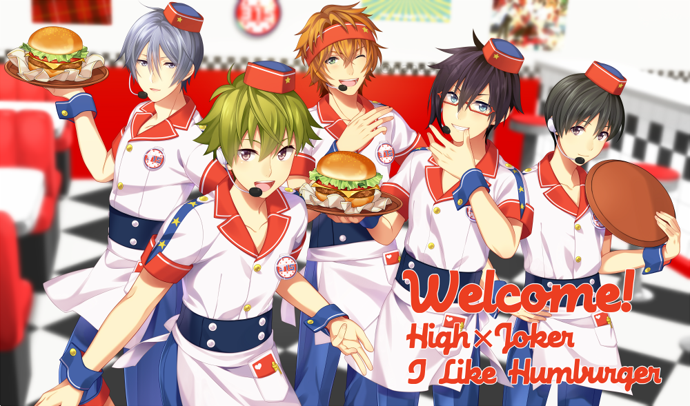 5boys ;) ;d adapted_costume akiyama_hayato apron black_hair burger_skater_(idolmaster) checkered checkered_floor diner food fuyumi_jun glasses green_hair hamburger headset high_x_joker idolmaster idolmaster_side-m iseya_shiki male_focus multiple_boys nanamiya one_eye_closed open_mouth orange_hair red-framed_eyewear sakaki_natsuki silver_hair smile sweatband tray waiter wakazato_haruna wrist_cuffs