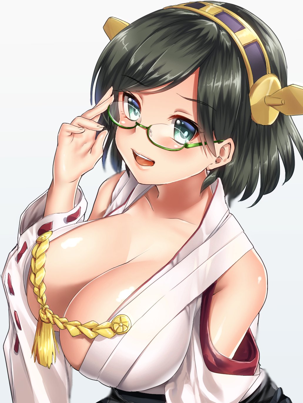 1girl adjusting_glasses aqua_eyes bare_shoulders black_hair breasts cleavage collarbone commentary_request detached_sleeves eyebrows eyebrows_visible_through_hair from_above glasses grey_background headgear highres kantai_collection keita_(tundereyuina) kirishima_(kantai_collection) large_breasts looking_at_viewer nontraditional_miko open_clothes open_mouth shiny shiny_hair shiny_skin short_hair simple_background solo wide_sleeves