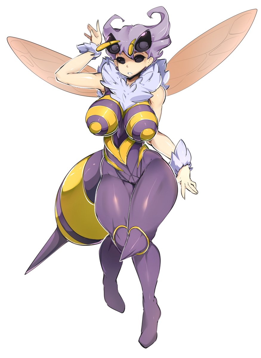 1girl black_eyes breasts full_body fur_collar highres insect_girl insect_wings lavender_hair looking_at_viewer q-bee simple_background slugbox solo stinger vampire_(game) wings