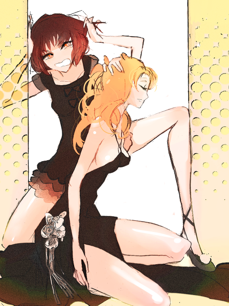 2girls arm_at_side artist_request bad_id bangs bare_shoulders black_dress blonde_hair bow breasts brown_hair cleavage closed_eyes closed_mouth collarbone dress eyebrows eyebrows_visible_through_hair frills hand_in_hair hand_on_another's_head high_heels kneeling long_hair looking_up mawaru_penguindrum medium_breasts multiple_girls oginome_ringo open-back_dress open_mouth orange_eyes parted_bangs resized ribbon see-through short_hair sideboob small_breasts standing tagme teeth tokikago_yuri white_ribbon