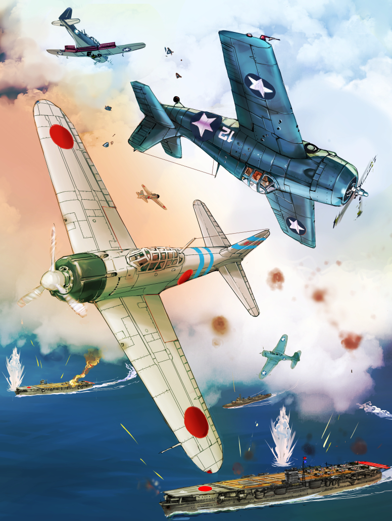 a6m_zero aerial_battle aircraft aircraft_carrier airplane battle dogfight f4f_wildcat fire flight_deck military military_vehicle ocean original sbd_dauntless ship sky us_navy warship watercraft weapon world_war_ii yuya