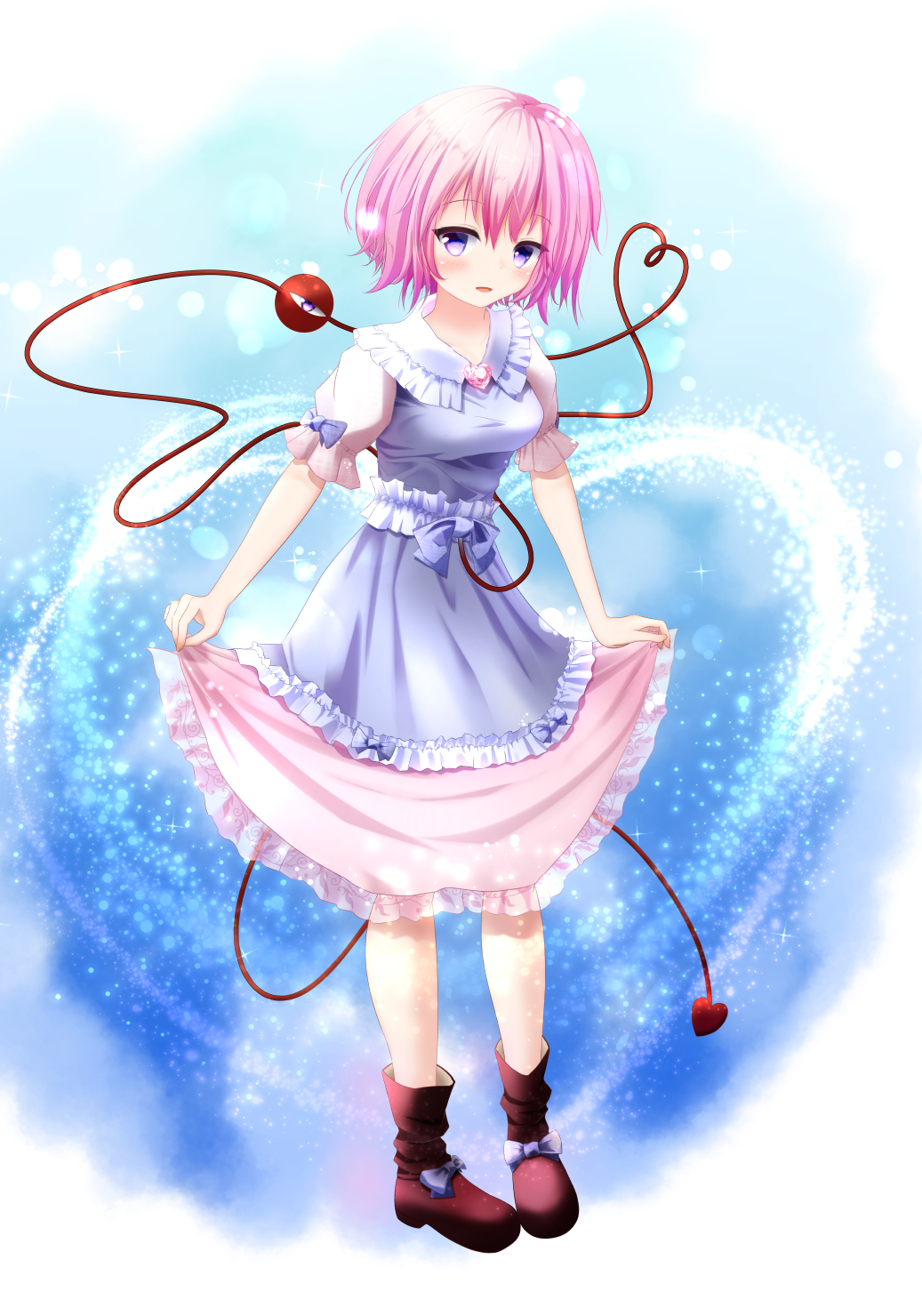 1girl alternate_costume arms_at_sides blue_bow blue_dress blush boots bow brooch brown_boots dress dress_lift eyeball frilled_dress frills full_body heart heart_of_string highres jewelry komeiji_satori lifted_by_self light_smile looking_at_viewer no_headwear parted_lips pink_hair puffy_short_sleeves puffy_sleeves sash short_hair short_sleeves solo sparkle third_eye touhou violet_eyes yuuforia