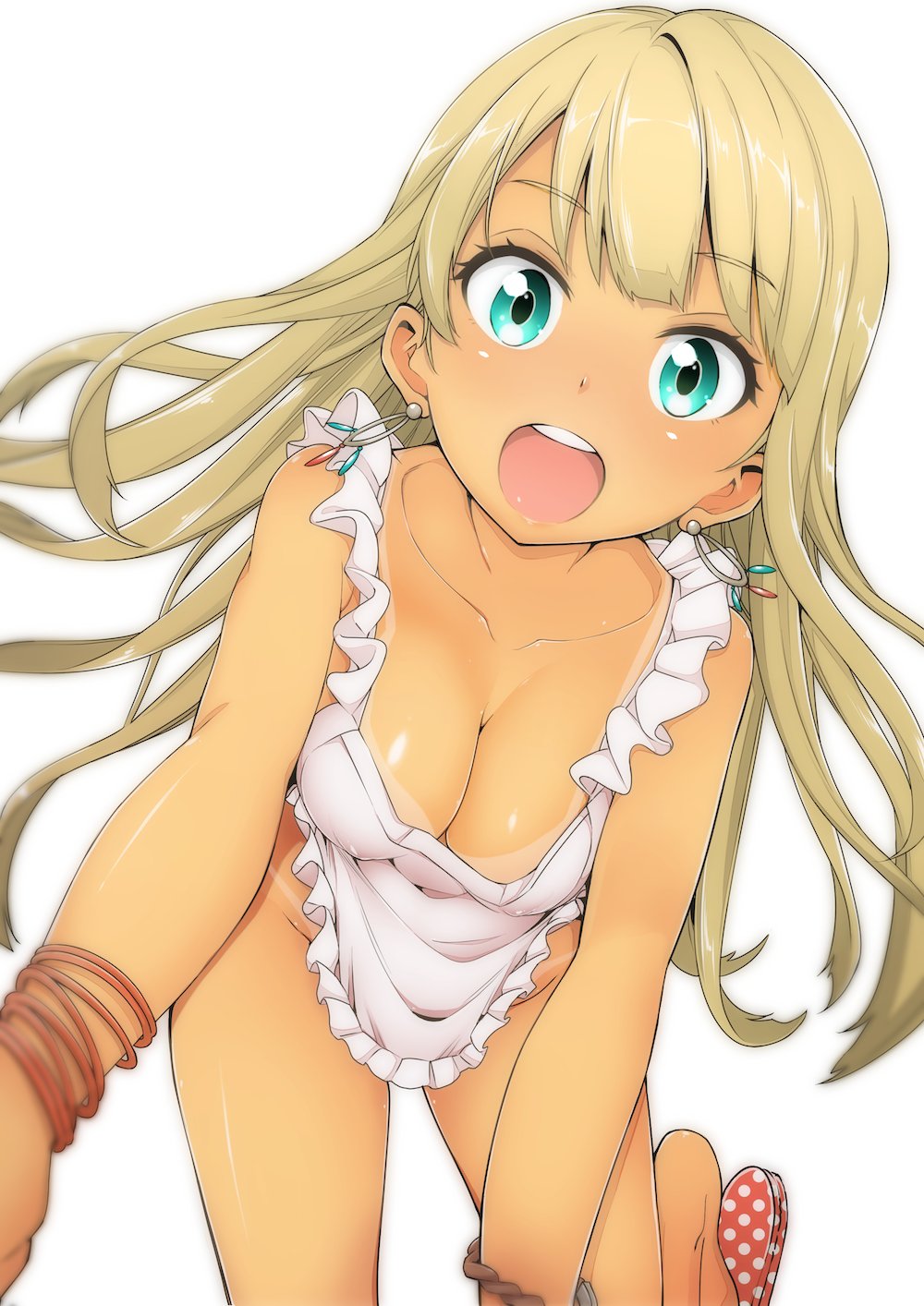 1girl alessandra_susu apron bangle blonde_hair blue_eyes blush bracelet breasts cleavage collarbone earrings highres jewelry kazuo_daisuke long_hair looking_at_viewer medium_breasts naked_apron open_mouth polka_dot sandals smile solo tan tanline tokyo_7th_sisters