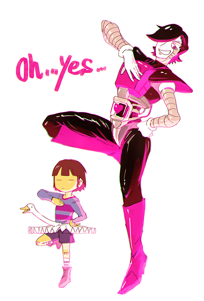 2others =_= androgynous android bandages black_hair brown_hair english frisk_(undertale) full_body gloves grin hand_on_own_chest hscatter leg_up looking_at_viewer mettaton mettaton_ex pink_eyes shirt simple_background smile striped striped_shirt tutu undertale white_background white_gloves yellow_skin