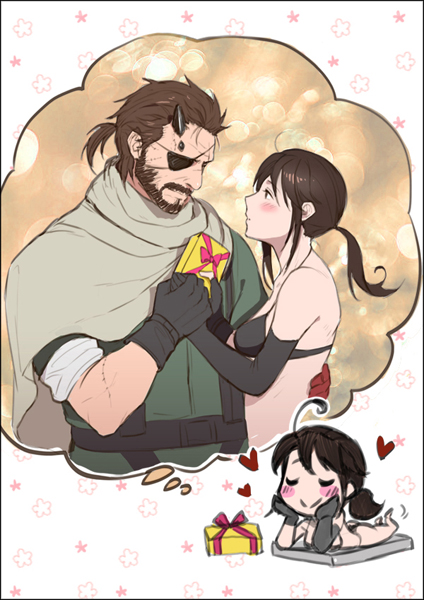 1boy 1girl ahoge blush_stickers brown_hair chibi_inset chin_rest eyepatch gift hands_on_own_face holding_hands imagining lying metal_gear_(series) metal_gear_solid_v nagi_(siki2n) on_stomach quiet_(metal_gear) smile venom_snake