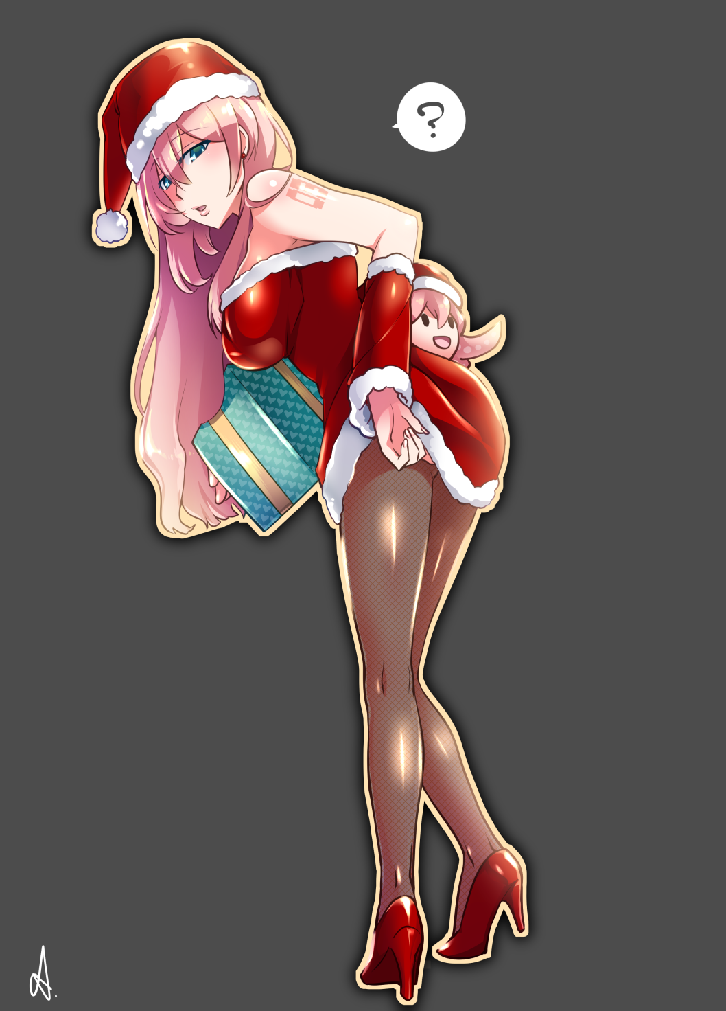 1girl ? bare_shoulders blue_eyes blush breasts caffein christmas detached_sleeves dress dress_lift fishnet_pantyhose fishnets gift hat headphones high_heels highres long_hair looking_at_viewer megurine_luka open_mouth pantyhose pink_hair santa_costume santa_hat short_dress skirt solo spoken_question_mark takoluka tentacle very_long_hair vocaloid