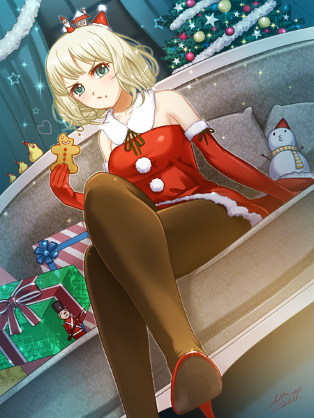 1girl christmas_tree crossed_legs eating eri_(artist) from_below gingerbread_cookie high_heels original santa_costume snowman