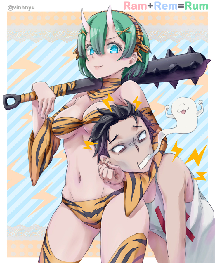 1boy 1girl bikini club cosplay detached_collar detached_sleeves fusion giving_up_the_ghost green_hair hair_between_eyes hairband headlock horns lum lum_(cosplay) natsuki_subaru navel oni over_shoulder re:zero_kara_hajimeru_isekai_seikatsu rem_(re:zero) short_hair smile spiked_club swimsuit thigh-highs tiger_print twitter_username urusei_yatsura vinhnyu weapon weapon_over_shoulder