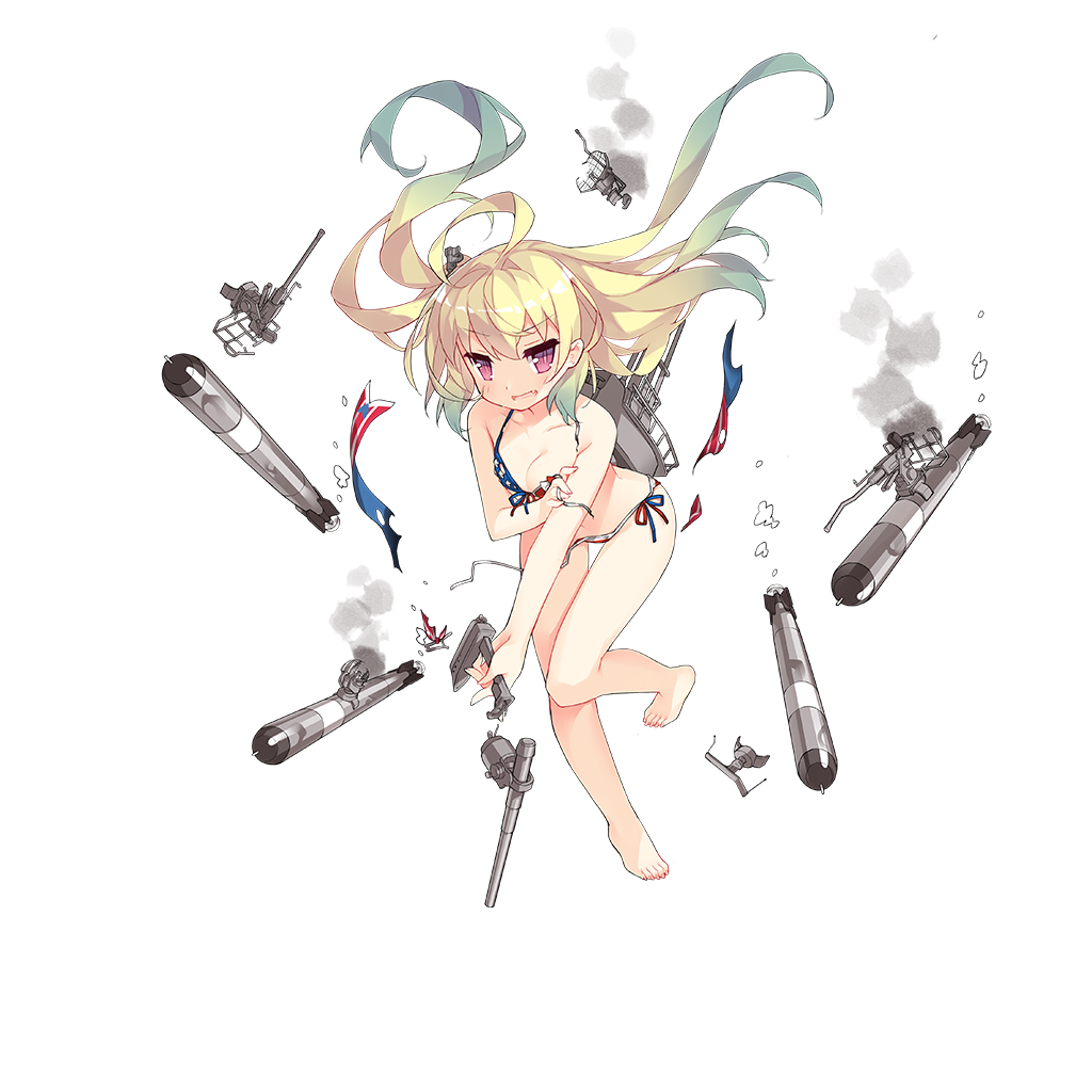 1girl ahoge albacore_(zhan_jian_shao_nyu) american_flag_bikini aqua_hair armpits bikini blonde_hair breasts broken bubble cannon collarbone damaged eyebrows eyebrows_visible_through_hair fang flag_print front-tie_bikini front-tie_top gradient_hair hair_down holding holding_weapon leaning_forward long_hair looking_at_viewer machinery multicolored_hair multicolored_ribbon nail_polish official_art open_mouth pink_eyes remodel_(zhan_jian_shao_nyu) saru side-tie_bikini small_breasts smoke solo standing standing_on_one_leg swimsuit torpedo transparent_background wardrobe_malfunction weapon zhan_jian_shao_nyu