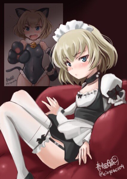 1girl alternate_costume animal_costume animal_ears apron artist_name bangs bell bell_collar black_dress blonde_hair blue_eyes blush cat_costume cat_ears cat_tail collar couch dress enmaided fake_animal_ears fake_tail fang fourth_wall frilled_legwear garters girls_und_panzer gloves hand_on_hip haruhata_mutsuki katyusha leotard looking_at_viewer maid maid_headdress open_mouth paw_gloves photo_(object) puffy_short_sleeves puffy_sleeves short_dress short_hair short_sleeves signature sitting solo standing tail thigh-highs twitter_username white_legwear