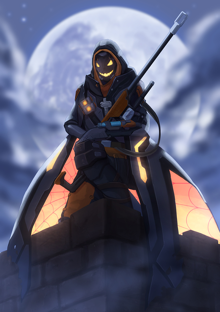 1girl alternate_costume ana_(overwatch) clouds cloudy_sky fog full_body full_moon ghoul_ana glowing glowing_eyes glowing_mouth gun halloween halloween_costume holding holding_gun holding_weapon hood jacky5493 mask moon night outdoors overwatch rifle sitting sky sniper_rifle solo weapon