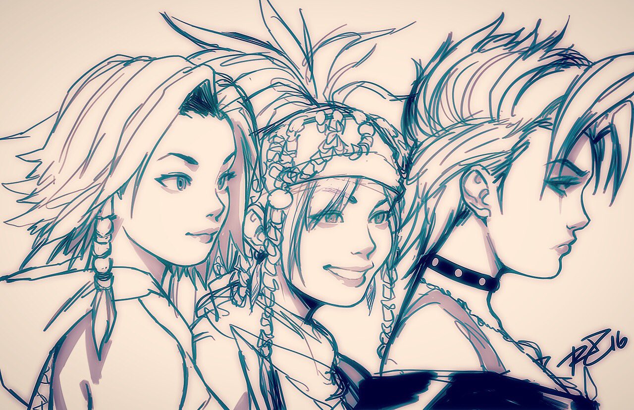 3girls bandana beads choker final_fantasy final_fantasy_x final_fantasy_x-2 greyscale looking_to_the_side monochrome multiple_girls paine_(ff10) rikku robert_porter short_hair sketch smile upper_body yuna_(ff10)