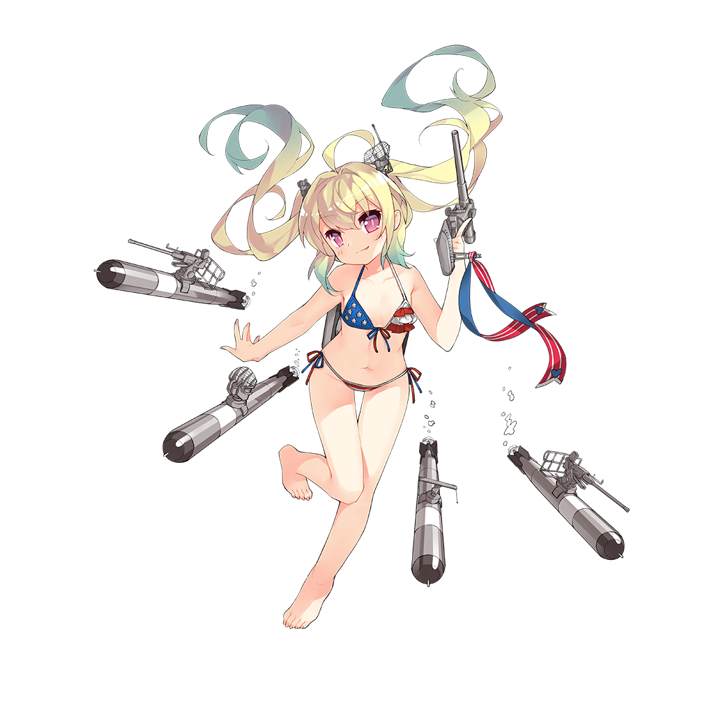 1girl ahoge albacore_(zhan_jian_shao_nyu) american_flag_bikini aqua_hair armpits bikini blonde_hair breasts bubble cannon closed_mouth collarbone eyebrows eyebrows_visible_through_hair fang flag_print front-tie_bikini front-tie_top gradient_hair holding holding_weapon long_hair looking_at_viewer machinery multicolored_hair multicolored_ribbon nail_polish navel official_art pink_eyes remodel_(zhan_jian_shao_nyu) saru side-tie_bikini small_breasts solo standing standing_on_one_leg swimsuit torpedo transparent_background trigger_discipline twintails weapon zhan_jian_shao_nyu