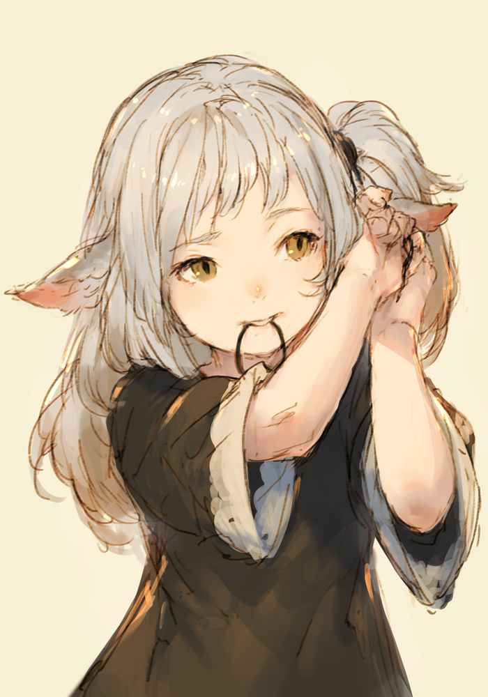 1girl animal_ears black_dress blush character_request copyright_request dress grey_hair hair_tie head_tilt junwool long_hair mouth_hold nose_blush one_side_up simple_background sketch solo yellow_eyes