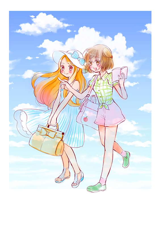 2girls apple bare_shoulders blue_bow blue_sky blush book bow brown_eyes brown_hair buttons clouds dress food fruit hat holding_bag kneehighs mawaru_penguindrum morishima_akiko multiple_girls oginome_ringo open_mouth orange_hair pink_legwear pink_shorts plaid plaid_shirt puffy_short_sleeves puffy_sleeves sandals shirt short_hair short_sleeves shorts sky sleeveless sleeveless_dress smile source_request striped striped_dress sun_hat tagme takakura_himari walking white_dress white_hat