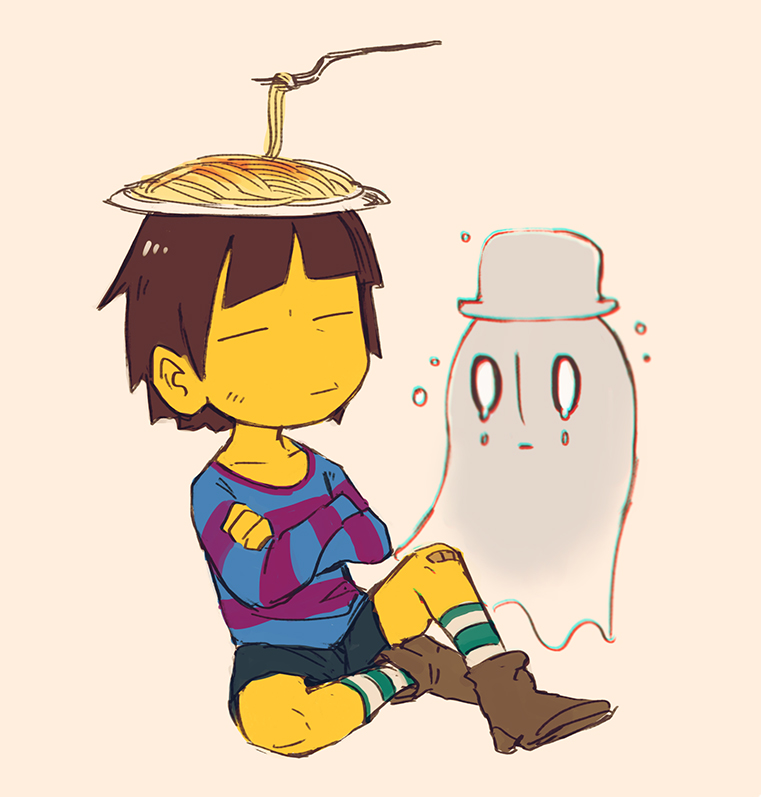=_= androgynous bandages bandaid bandaid_on_knee crossed_arms crying food frisk_(undertale) ghost hat hscatter napstablook pasta shirt simple_background sitting socks spaghetti striped striped_legwear striped_shirt undertale yellow_skin