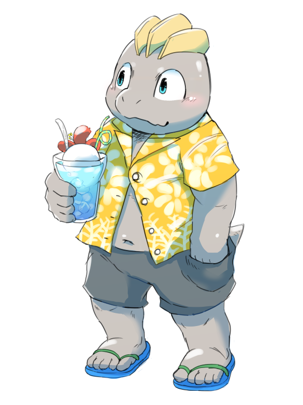 black_shorts blue_eyes blush closed_mouth clothed_pokemon cup drink drinking_glass drinking_straw flower full_body hand_in_pocket hawaiian_shirt hibiscus holding_glass ice ice_cube looking_to_the_side machop navel no_humans pokemon sandals shirt short_sleeves shorts simple_background smile standing stomach unbuttoned unbuttoned_shirt white_background