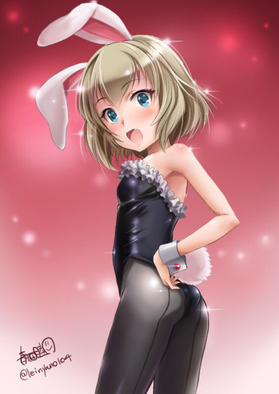 1girl animal_ears artist_name ass bangs bare_shoulders black_legwear black_leotard bunny_tail bunnysuit cowboy_shot fake_animal_ears fake_tail fang from_behind girls_und_panzer haruhata_mutsuki katyusha leotard looking_at_viewer looking_back open_mouth pantyhose rabbit_ears red_background short_hair signature smile solo sparkle standing strapless strapless_leotard tail twitter_username wrist_cuffs