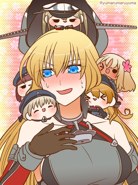 &gt;_&lt; bismarck_(kantai_collection) blonde_hair blue_eyes carrying_over_shoulder carrying_overhead closed_eyes commentary commentary_request graf_zeppelin_(kantai_collection) hat kantai_collection prinz_eugen_(kantai_collection) ro-500_(kantai_collection) smug uniform yumaru_(marumarumaru) z1_leberecht_maass_(kantai_collection) z3_max_schultz_(kantai_collection)