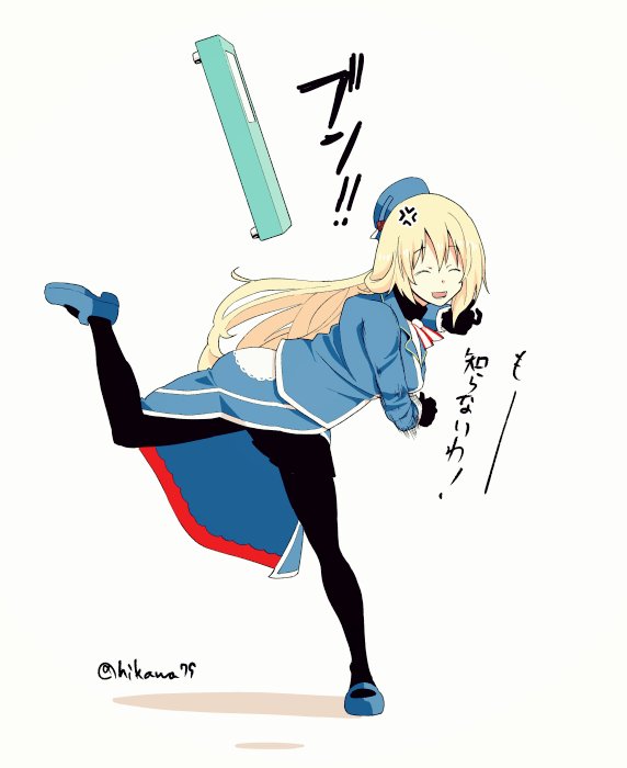 1girl anger_vein ascot atago_(kantai_collection) beret black_gloves blonde_hair blue_jacket closed_eyes commentary_request gloves hat hikawa79 jacket kantai_collection leg_up long_hair open_mouth pantyhose shadow shoes short_hair sketch solo throwing translation_request twitter_username uniform white_background