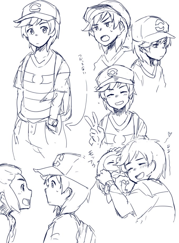 2boys backpack bag baseball_cap capri_pants character_sheet expressions hands_in_pockets hat hau_(pokemon) hug ittunn male_focus male_protagonist_(pokemon_sm) monochrome multiple_boys pants pokemon pokemon_(creature) pokemon_(game) pokemon_sm rowlet shirt short_hair simple_background smile striped striped_shirt sweatdrop t-shirt v white_background z-ring