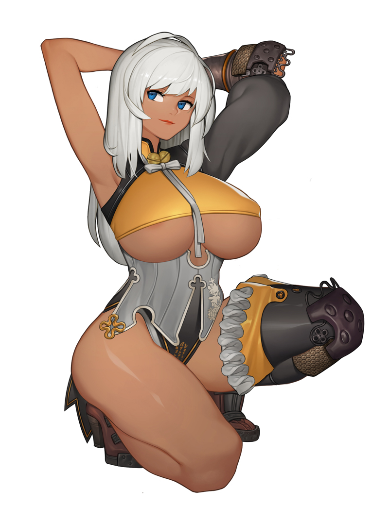 1girl arms_up bell blade_&amp;_soul bling_(wnsdud34) blue_eyes boots breasts covered_nipples dark_skin large_breasts light_smile long_hair simple_background single_thighhigh solo thick_thighs thigh-highs thighs under_boob white_background