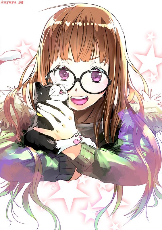 1girl cat glasses jacket long_hair morgana_(persona_5) open_mouth orange_hair persona persona_5 sakura_futaba yu@genkoochu(5tsukino)