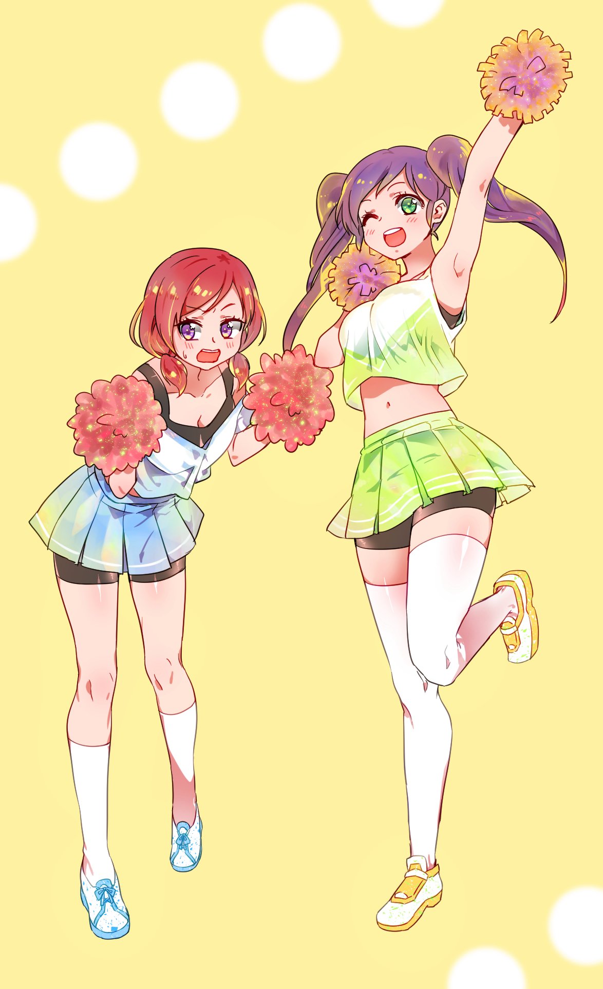2girls ;d arm_up armpits bike_shorts blue_skirt breasts cheerleader cleavage green_eyes green_skirt highres kneehighs large_breasts long_hair love_live! love_live!_school_idol_project medium_breasts midriff multiple_girls navel nishikino_maki one_eye_closed open_mouth pleated_skirt pom_poms purple_hair redhead shoes short_twintails shorts_under_skirt skirt smile sneakers sweatdrop taka8033 thigh-highs toujou_nozomi twintails violet_eyes white_legwear yellow_background