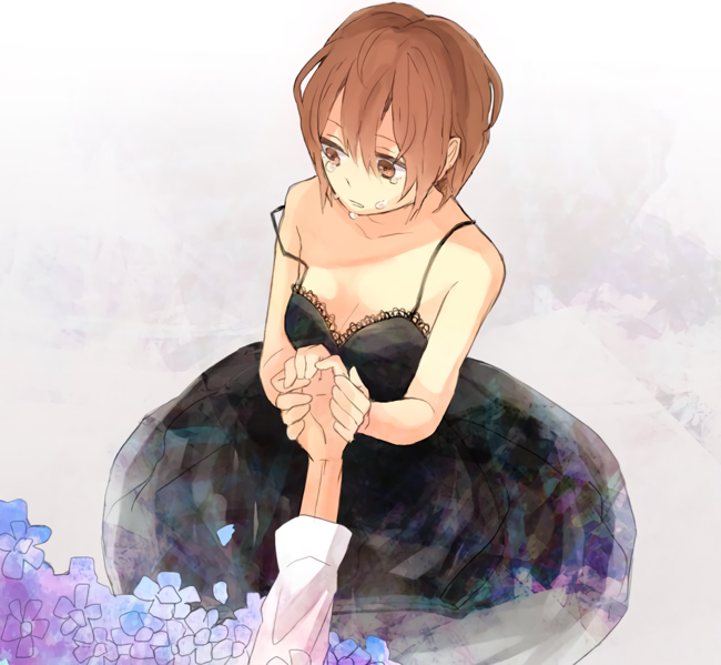 1girl artist_request bad_id bare_shoulders black_dress breasts brown_eyes brown_hair cleavage collarbone dress flower holding_hand lace lace-trimmed_dress mawaru_penguindrum medium_breasts off_shoulder oginome_ringo parted_lips short_hair tagme tears