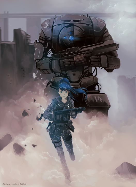 1girl armor artist_name assault_rifle black_hair city dead-robot gloves green_eyes gun long_hair mecha military military_uniform original ponytail rifle rubble running science_fiction smoke soldier uniform war watermark weapon