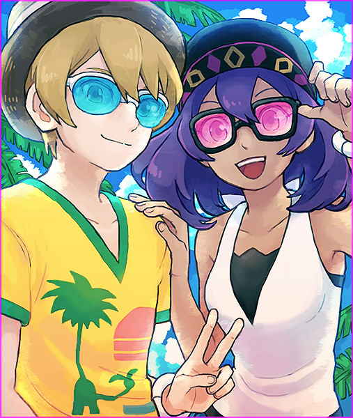 1boy 1girl :d alolan_exeggutor bare_shoulders baseball_cap blonde_hair clouds collarbone commentary_request dark_skin dexio_(pokemon) exeggutor fedora halter_top halterneck hand_on_another's_shoulder hat ikra_(katacoly) looking_at_viewer mega_ring open_mouth palm_tree pokemon pokemon_(game) pokemon_sm print_shirt purple_hair shirt sina_(pokemon) smile sunglasses t-shirt tree upper_body v v-neck