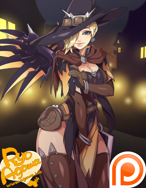 1girl agawa_ryou alternate_costume artist_name backlighting between_legs blonde_hair blue_eyes boots bracelet breasts brown_boots brown_gloves cleavage earrings elbow_gloves gloves hair_over_one_eye halloween hand_between_legs hand_on_own_elbow hat hat_belt hips horn house jewelry large_breasts lights lips looking_at_viewer mercy_(overwatch) overwatch patreon shiny shiny_clothes shiny_hair shiny_skin short_hair solo thigh-highs thigh_boots thighs torn_cape watermark web_address wings witch_hat