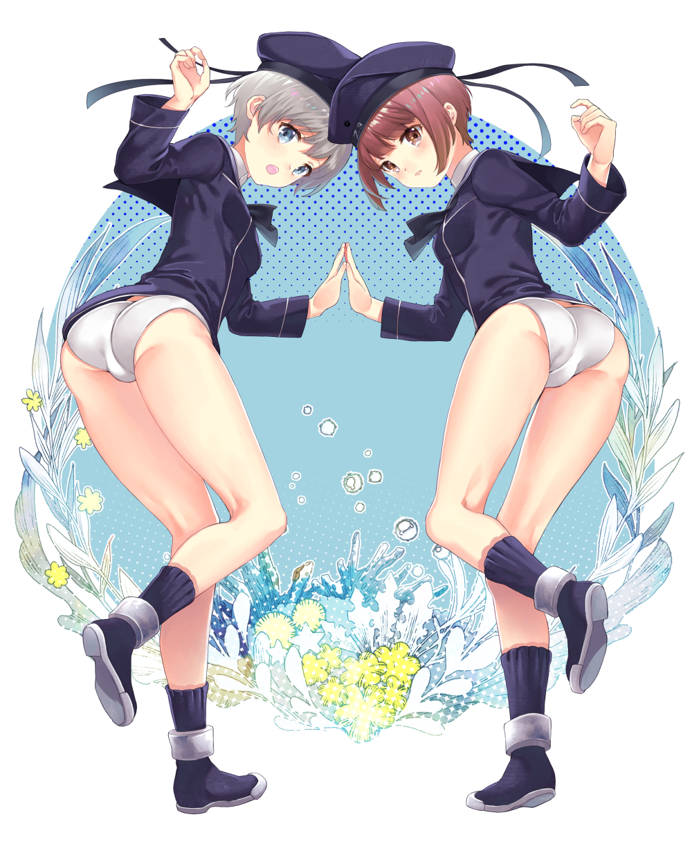 2girls anchor ass auburn_hair blue_eyes breasts brown_eyes brown_hair clothes_writing dress fumako hat highres kantai_collection military military_hat military_uniform multiple_girls neckerchief panties peaked_cap sailor_collar sailor_dress sailor_hat short_hair silver_hair small_breasts smile underwear uniform white_panties z1_leberecht_maass_(kantai_collection) z3_max_schultz_(kantai_collection)