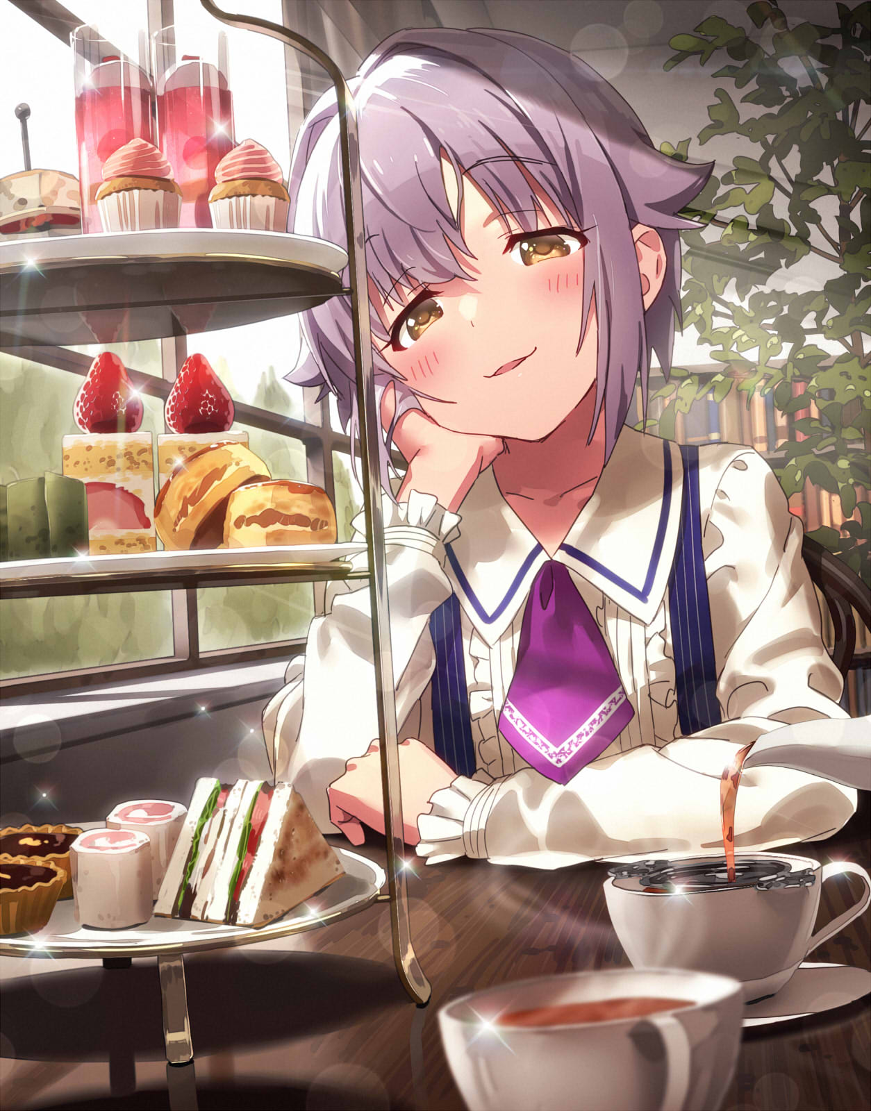1girl alternate_costume bangs blush brown_eyes cake commentary_request cup cupcake eyebrows eyebrows_visible_through_hair food fruit head_rest highres idolmaster idolmaster_cinderella_girls koshimizu_sachiko lavender_hair long_sleeves open_mouth pastry plate sandwich saucer short_hair sitting smile solo sonsoso strawberry table tea teacup teapot tray