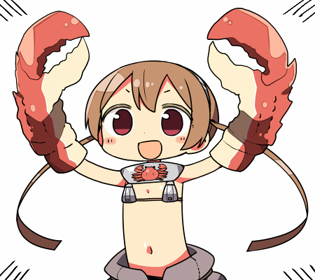 1girl bare_shoulders brown_hair character_request crab_claw crab_girl kanikama lowres navel open_mouth original red_eyes simple_background solo stomach upper_body white_background