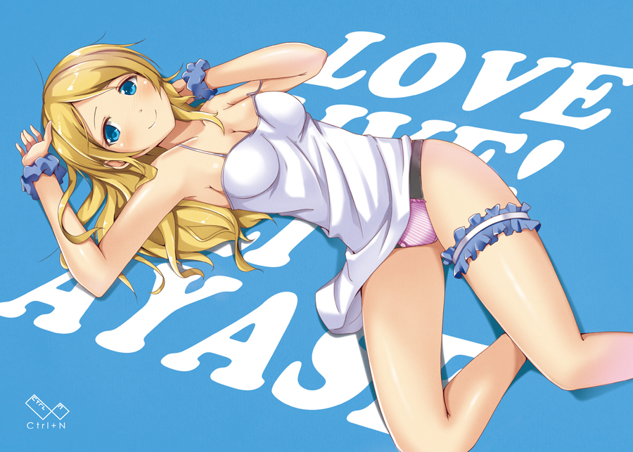 1girl ayase_eli blonde_hair blue_eyes breasts character_name cleavage copyright_name garters long_hair love_live! love_live!_school_idol_project lying medium_breasts ok-ray on_back panties shirt smile solo underwear white_shirt