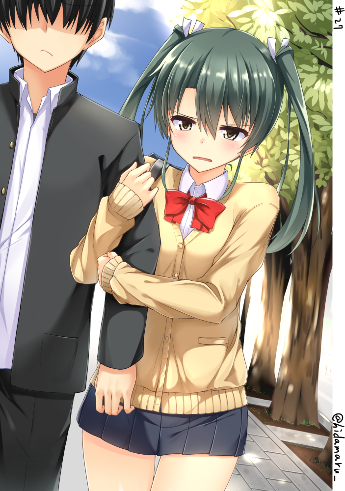 1boy 1girl annoyed arm_grab black_hair black_skirt blouse blue_sky blush bow bowtie brown_eyes cardigan clouds commentary_request day faceless faceless_male female green_hair hair_between_eyes hino_(2nd_life) kantai_collection long_hair long_sleeves looking_at_another male miniskirt outdoors park pleated_skirt red_bow red_bowtie school_uniform skirt sky thighs tree twintails twitter_username walking white_blouse zuikaku_(kantai_collection)