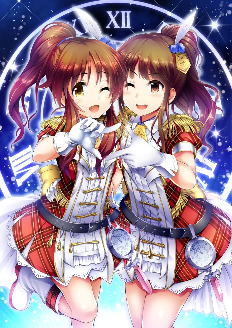 2girls across_the_stars brown_eyes brown_hair clock dress epaulettes feathers gloves hair_feathers idolmaster idolmaster_cinderella_girls idolmaster_cinderella_girls_starlight_stage kaneko_yuuki long_hair looking_at_viewer ment multiple_girls one_eye_closed open_mouth plaid plaid_dress ponytail rectangle roman_numerals seiyuu smile sparkle takamori_aiko white_gloves