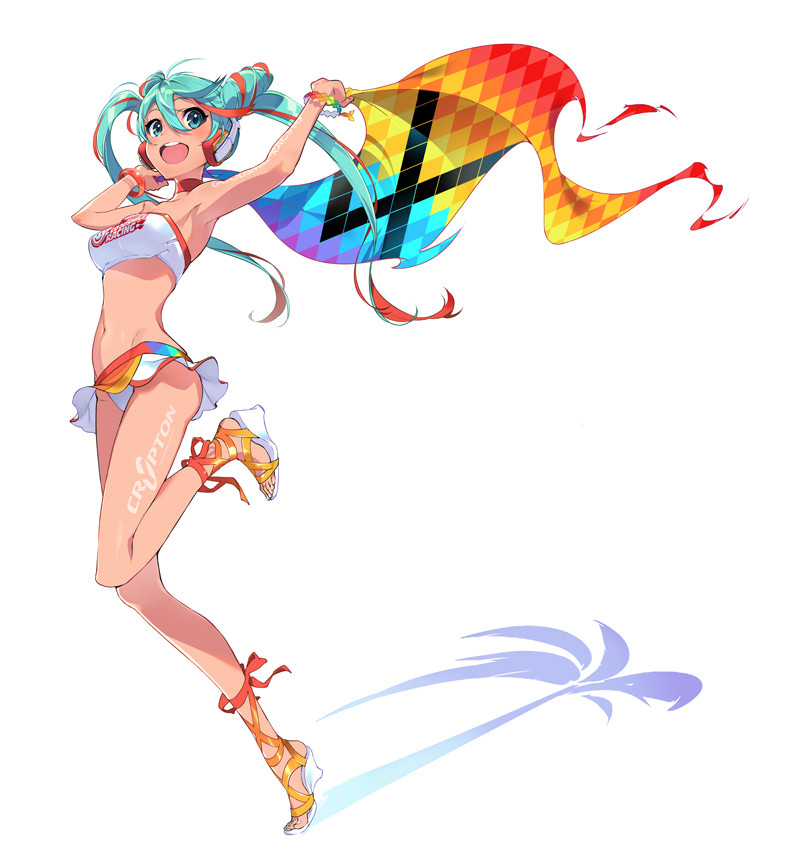 1girl aqua_eyes aqua_hair beach_towel bikini bikini_skirt flag goodsmile_company goodsmile_racing hatsune_miku headphones headset high_heels long_hair looking_at_viewer lowleg lowleg_bikini racequeen smile solo strapless swimsuit tan towel tubetop twintails very_long_hair vocaloid yoneyama_mai