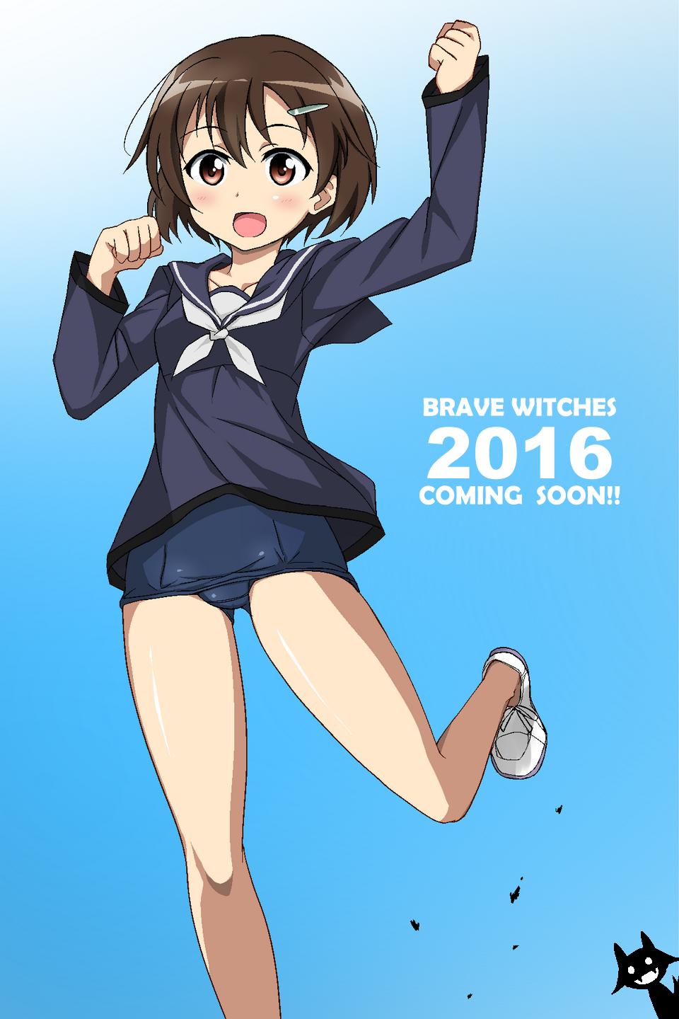 1girl 9910991_(kindin) :d ahoge blue_background blush brave_witches brown_eyes brown_hair clenched_hands collarbone dated gradient gradient_background hair_ornament hairclip hands_up highres karibuchi_hikari looking_at_viewer open_mouth ribbon running school_swimsuit school_uniform serafuku shoes short_hair simple_background smile solo swimsuit swimsuit_under_clothes text uniform white_ribbon white_shoes world_witches_series