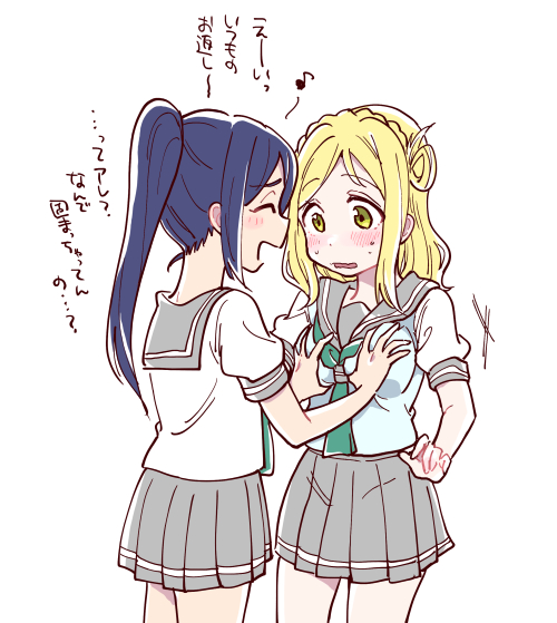 2girls blonde_hair blue_hair blush breast_grab closed_eyes grabbing groping kamui87 long_hair love_live! love_live!_sunshine!! matsuura_kanan multiple_girls ohara_mari open_mouth pleated_skirt ponytail school_uniform simple_background skirt sweatdrop translation_request white_background yellow_eyes yuri