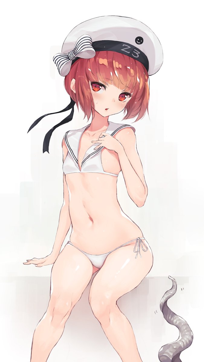 1girl auburn_hair bacius bikini breasts brown_hair clothes_writing hand_on_own_chest hat highres kantai_collection navel open_mouth red_eyes sailor_bikini sailor_collar sailor_hat short_hair side-tie_bikini sitting small_breasts swimsuit tentacles white_bikini white_hat z3_max_schultz_(kantai_collection)