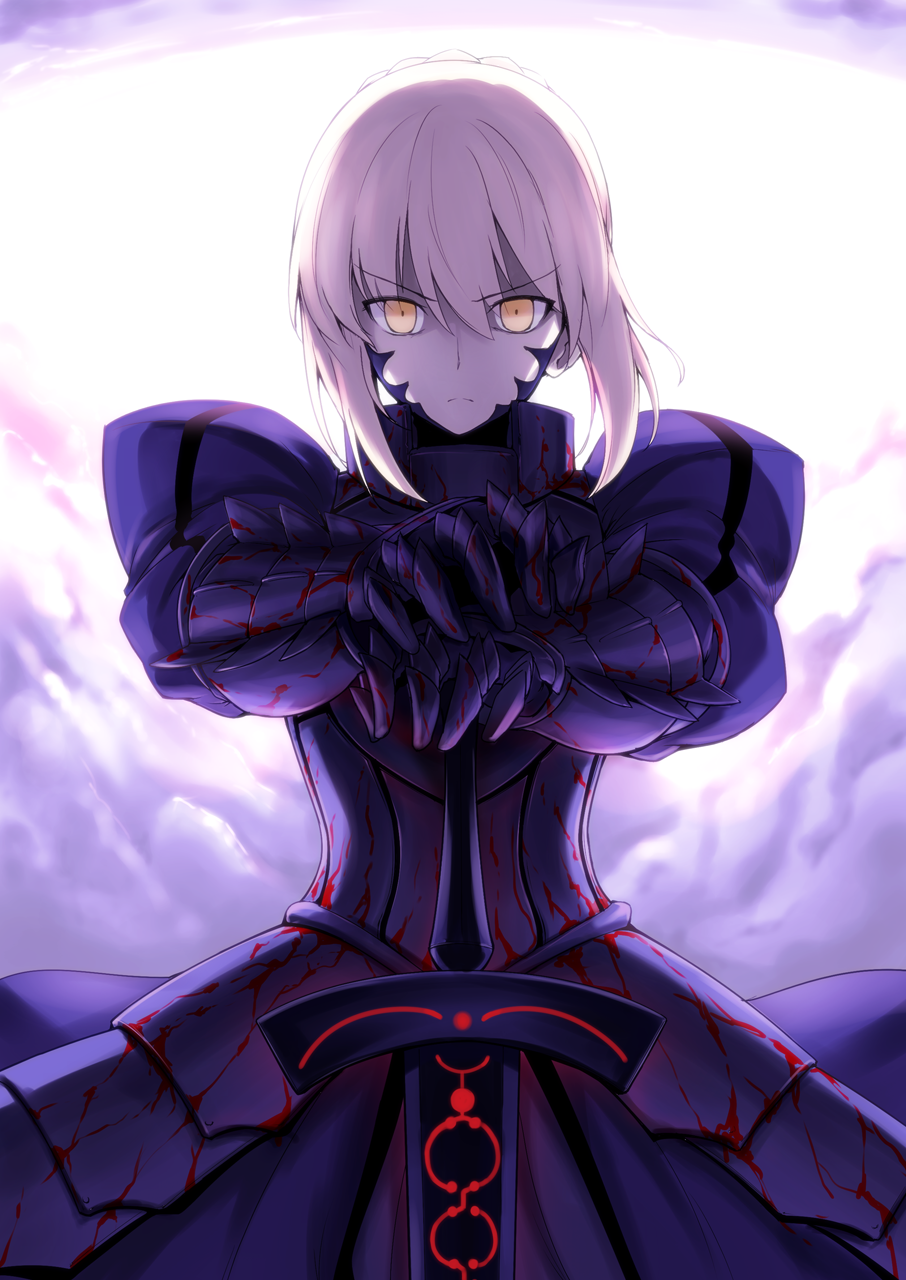 1girl ambiguous_red_liquid armor armored_dress blonde_hair closed_mouth collar commentary_request corset cowboy_shot excalibur fate/stay_night fate_(series) gauntlets harukon_(halcon) highres looking_at_viewer pale_skin pauldrons planted_sword planted_weapon saber saber_alter serious sidelocks skirt solo sword weapon white_hair yellow_eyes