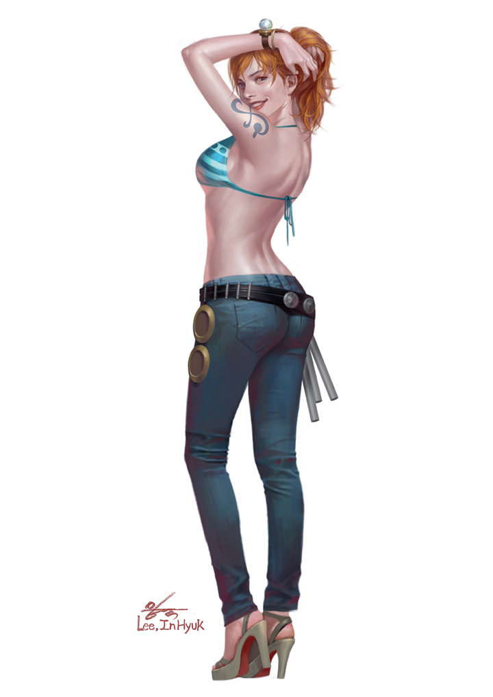 1girl :d arm_tattoo arms_up artist_name ass bangle bangs bikini_top blue_pants bracelet breasts clima-tact contrapposto denim from_behind hair_tousle hand_in_hair high_heels holster in-hyuk_lee jeans jewelry lipstick log_pose long_hair looking_at_viewer looking_back makeup medium_breasts midriff nami_(one_piece) one_piece open_mouth orange_hair pants pink_lips pink_lipstick pocket signature simple_background smile solo staff standing strap_gap tattoo teeth white_background