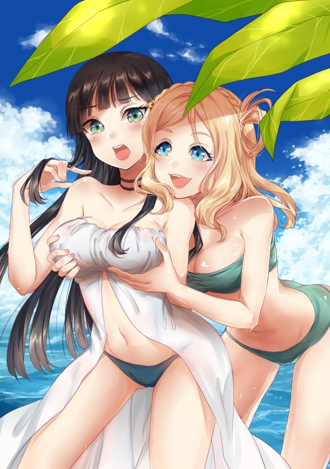 2girls arm_behind_back ass_visible_through_thighs bangs bare_legs bare_shoulders bent_over bikini black_hair blonde_hair blue_eyes blue_sky blunt_bangs blush braid breast_grab breasts choker cleavage clouds collarbone cowboy_shot crown_braid day embarrassed error eyebrows eyebrows_visible_through_hair eyelashes grabbing green_bikini hair_rings hair_tucking head_on_shoulder kurosawa_dia leaf legs_apart long_hair looking_at_another looking_at_viewer love_live! love_live!_sunshine!! medium_breasts mole mole_under_mouth multiple_girls navel ocean ohara_mari outdoors see-through shade sky standing stomach strapless summer swimsuit teasing ten-chan_(eternal_s) wet