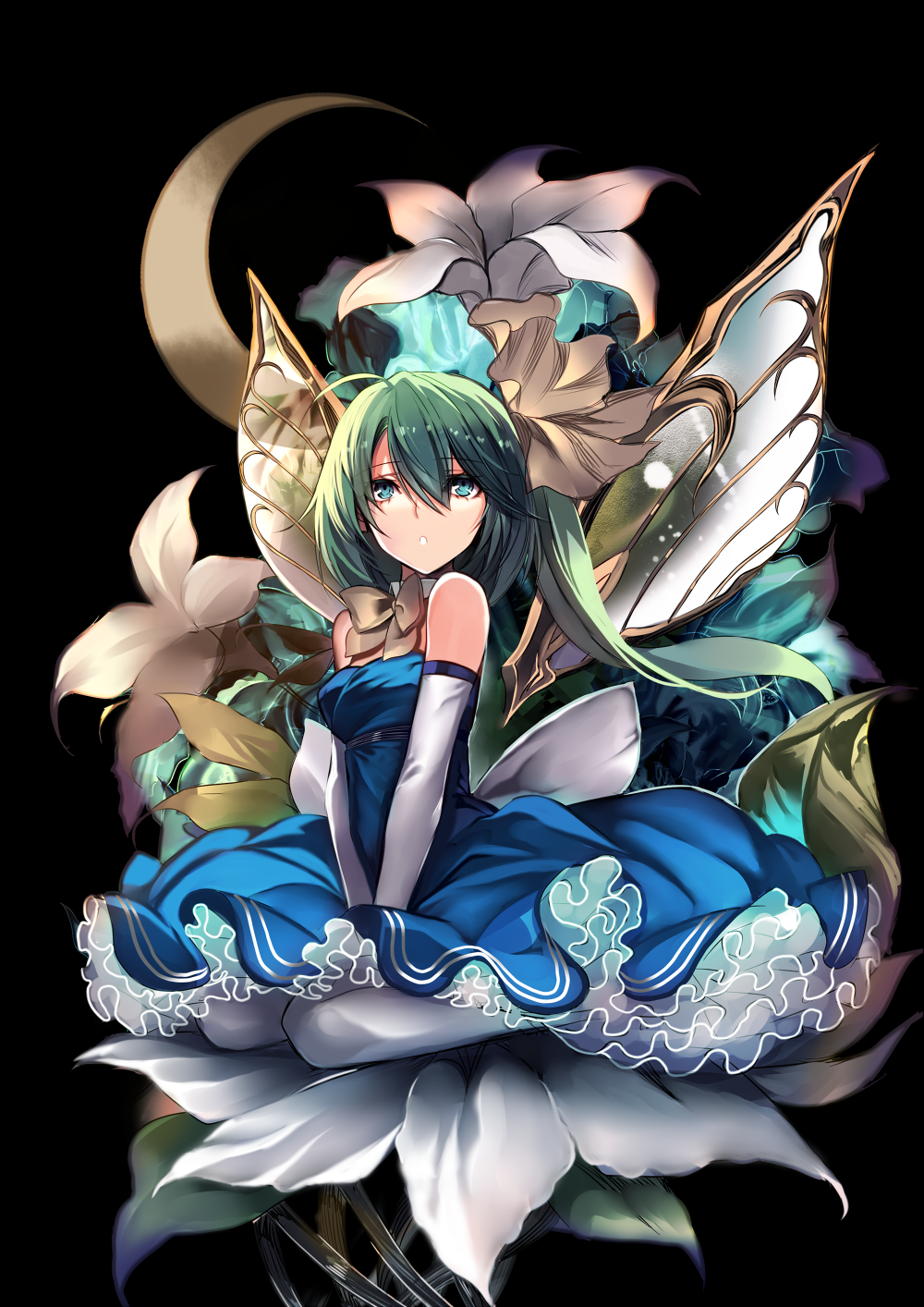 1girl aqua_eyes backlighting black_background blue_dress blue_flower bow breasts chestnut_mouth crescent_moon daiyousei detached_collar dress elbow_gloves fairy_wings flower formal gloves glowing_flower green_hair hair_between_eyes hair_bow hands_on_lap highres karlwolf lily_(flower) looking_at_viewer medium_breasts moon petticoat shiny shiny_hair short_hair side_ponytail simple_background sitting sitting_on_flower solo strapless strapless_dress touhou wariza white_gloves wings