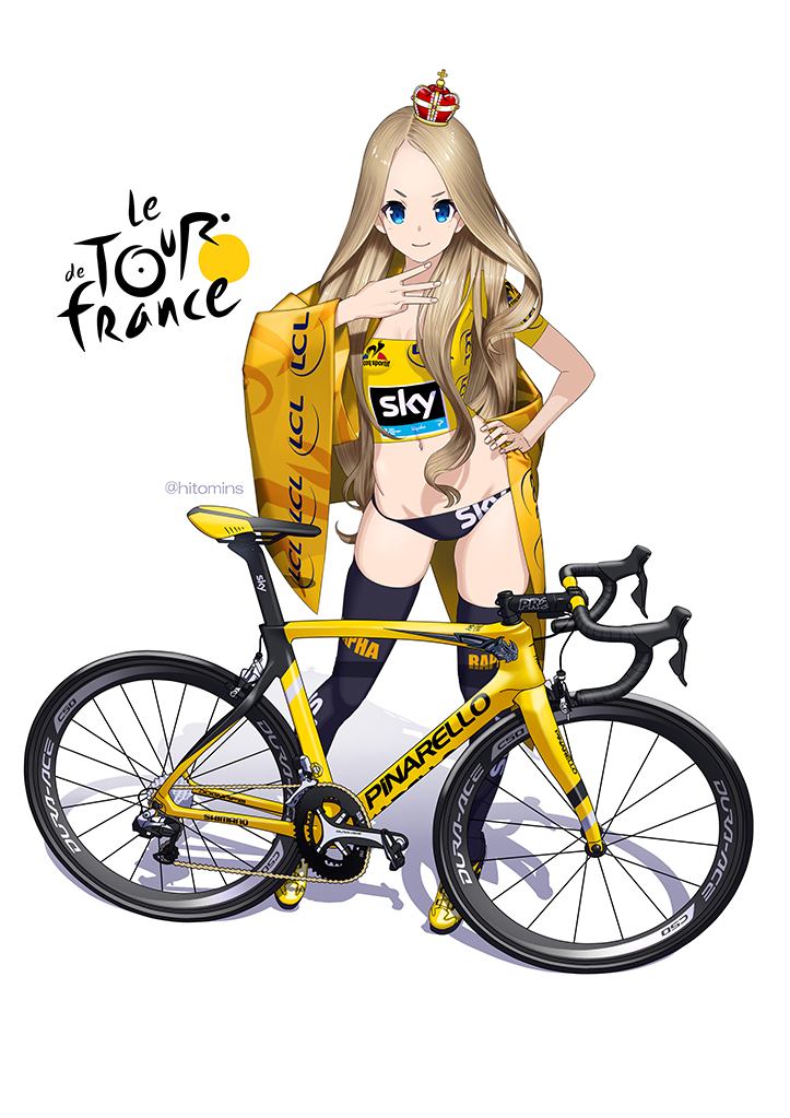&gt;:) 1girl 2016 ad bangs bicycle bike_jersey black_legwear blonde_hair blue_eyes blue_shoes breasts closed_mouth clothes_writing crown full_body ground_vehicle hand_on_hip hitomi_kazuya legs_apart light_brown_hair long_hair looking_at_viewer middle_w midriff mini_crown navel oni original print_legwear shadow shoes short_sleeves simple_background small_breasts smile sneakers solo standing stomach twitter_username very_long_hair white_background
