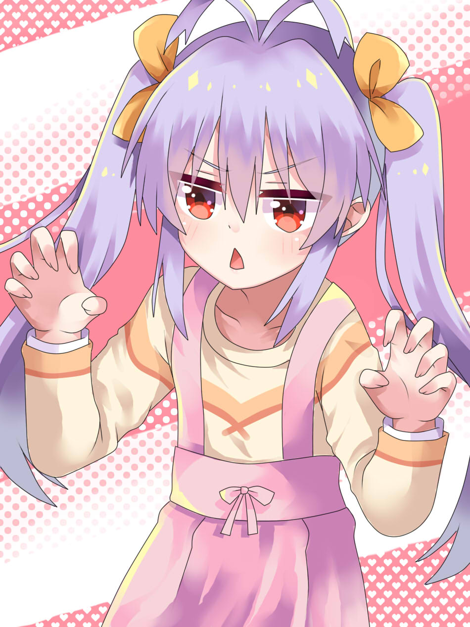 1girl antenna_hair blush claw_pose dress hair_ribbon heart highres long_hair long_sleeves mako_dai_ni-dai miyauchi_renge non_non_biyori open_mouth purple_hair red_eyes ribbon solo triangle_mouth twintails