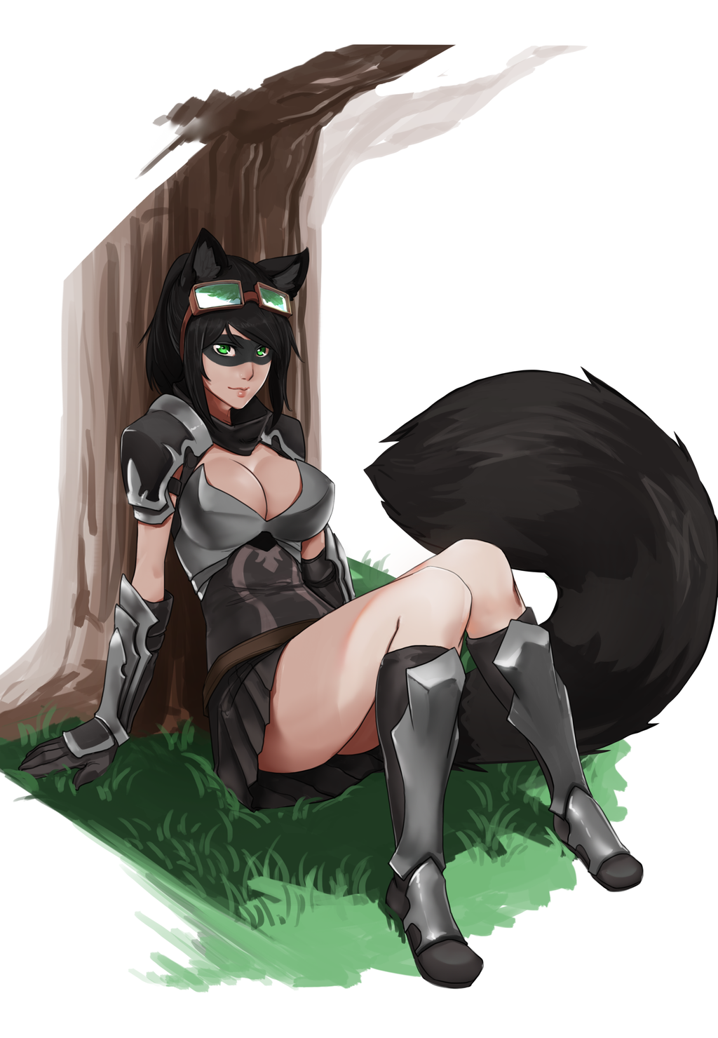 1girl animal_ears armor black_hair black_skirt boots breasts cleavage domino_mask gloves goggles goggles_on_head grass greaves green_eyes highres knee_boots large_breasts less looking_at_viewer mask on_ground original pauldrons raccoon_ears raccoon_tail sitting skirt solo tail thighs tree vambraces